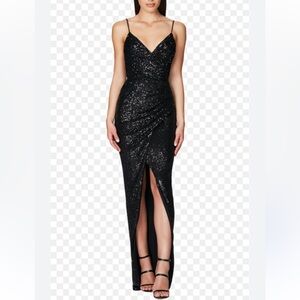 Eliza J NWT Sequin Deep V High Slit Evening Gown Black Sz 4 Formal Party Prom